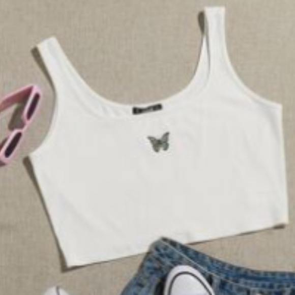 White Ribbed Crop Tank Top with Butterfly Design NWOT - Picture 3 of 6